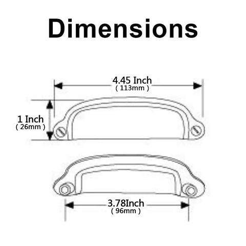 Technical drawing of 10 Pack Bin Cup Drawer Pulls Shell Handle Cabinet Hardware In Oil Rubbed Bronze Vintage 3.78 Inch Hole Centers