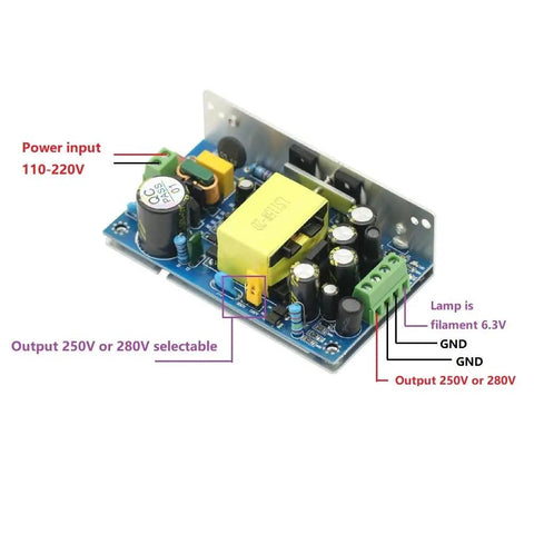 Tube Preamp Power Supply For Tube Amp With Shielded Aluminum Case And Stainless Shield Dual Output 6.3V And 280V Input 95V 265V Shield Cover 5V Bluetooth Decoder Board Power Interface EMI Reduction With High Voltage Delay Rectification, angled PCB
