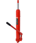 Red 8-ton hydraulic long-ram jack with clevis base and side lever; chrome piston rod visible.