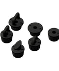 Reliable Replacement Screw In Deck Fitting Kit For Fishing Kayaks Includes Pad Eyes Cleats And Shock Cord Ends To Patch Up Your Rig And Keep Everything Locked Up Tight, showing black deck plugs.