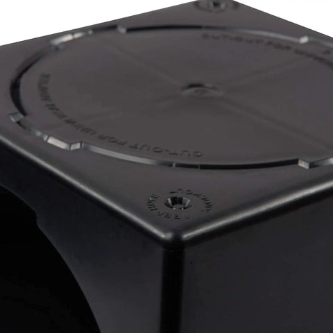 Close-up of a black Square Catch Basin Drainage Kit for Lawns and Landscaping, featuring a sturdy plastic surface.
