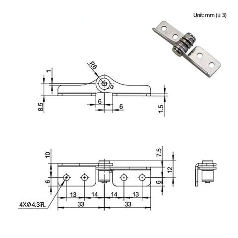 Front view of stainless steel damping hinge with adjustable torque, 2.5 N·m, model XG11-006-25L, 1 piece
