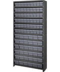 Heavy Duty Closed Shelving Unit With Roll Out Euro Drawers And Sleek Gray Finish, featuring multiple gray storage bins, 36x18x75 inches.