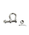 Heavy Duty Marine Grade Bow Shackles Built Tough From 316 Stainless Steel For Real Saltwater Resistance And Hard Core Boat Rigging Gear 3/8 Inch 2 Pack with a bolt pin and safety cotter pin.