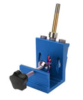 Straight Shooting Aluminum Pocket Hole Drill Guide Dead On Woodworking Jig and Compact Hole Punch Locator For Solid Furniture Assembly And Easy DIY Builds In Blue, showing sturdy construction and precise drill alignment.