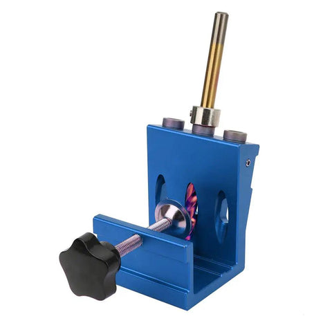 Straight Shooting Aluminum Pocket Hole Drill Guide Dead On Woodworking Jig and Compact Hole Punch Locator For Solid Furniture Assembly And Easy DIY Builds In Blue, showing sturdy construction and precise drill alignment.