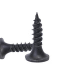 Premium Six By Five Eighths Inch Wood Screws 100 Pack Flat Head Phillips Self Tapping Drywall Fasteners Tough As Nails Carbon Steel Galvanized Finish, two black screws showing flat heads.
