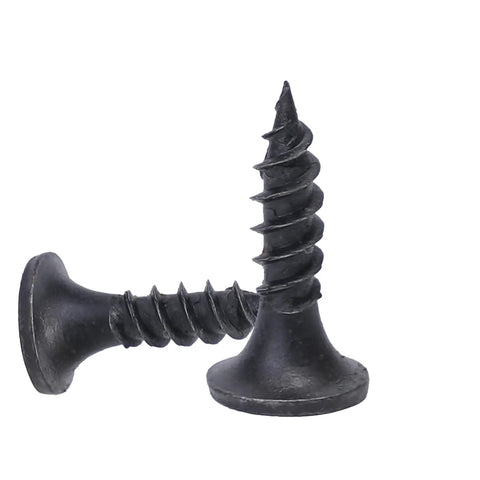 Premium Six By Five Eighths Inch Wood Screws 100 Pack Flat Head Phillips Self Tapping Drywall Fasteners Tough As Nails Carbon Steel Galvanized Finish, two black screws showing flat heads.