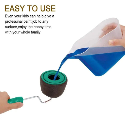 Spill Proof Pour And Paint Roller Kit With Six Piece Set For Interior Walls Exterior Decks And Furniture Clean Application Tool pouring paint.