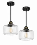 HXXLFONEDP 2 Pack Glass Pendant Lights for Kitchen Island, Matte Black with ribbed glass shades and adjustable rods.