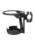 Side view of Black Clamp On Handlebar Cup Holder With Lower Tray Drainage Openings And Foldable Storage Friendly Design For Daily Rides On Bikes And E Bikes Easy Mount Water Bottle Cup Rack For Cycling