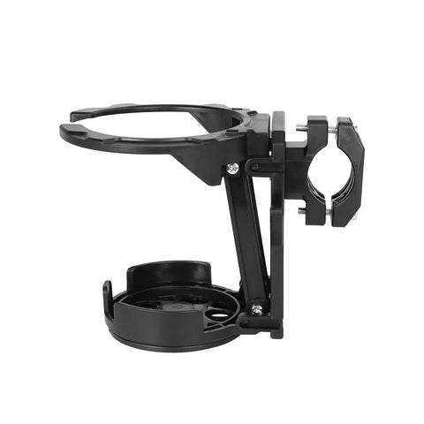 Side view of Black Clamp On Handlebar Cup Holder With Lower Tray Drainage Openings And Foldable Storage Friendly Design For Daily Rides On Bikes And E Bikes Easy Mount Water Bottle Cup Rack For Cycling