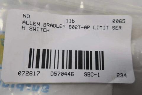 Label showing Allen Bradley 802T-AP Limit Switch, barcode D570446, part of 802T AP Limit Switch Series H Heavy Duty Industrial Control Sensor.
