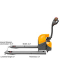 Apollo Lift Electric Pallet Jack, 3300 Lbs Capacity with 14.4" inside fork distance and 3" lowered fork height.