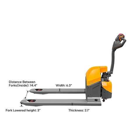 Apollo Lift Electric Pallet Jack, 3300 Lbs Capacity with 14.4" inside fork distance and 3" lowered fork height.