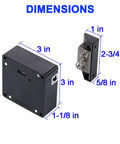 Dimensions of RFID Cabinet Lock With USB Cable Hidden DIY Lock for Wooden Cabinets Drawers Lockers Cupboards And Gun Boxes Includes 5 Key Cards Fobs Easily Installs In Thin To Thick Wooden Doors With Secure Access And Flexible Use, showing 3x3x1-1/8 inches main unit and 2-3/4x1x5/8 inches latch.