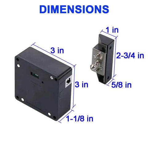 Dimensions of RFID Cabinet Lock With USB Cable Hidden DIY Lock for Wooden Cabinets Drawers Lockers Cupboards And Gun Boxes Includes 5 Key Cards Fobs Easily Installs In Thin To Thick Wooden Doors With Secure Access And Flexible Use, showing 3x3x1-1/8 inches main unit and 2-3/4x1x5/8 inches latch.