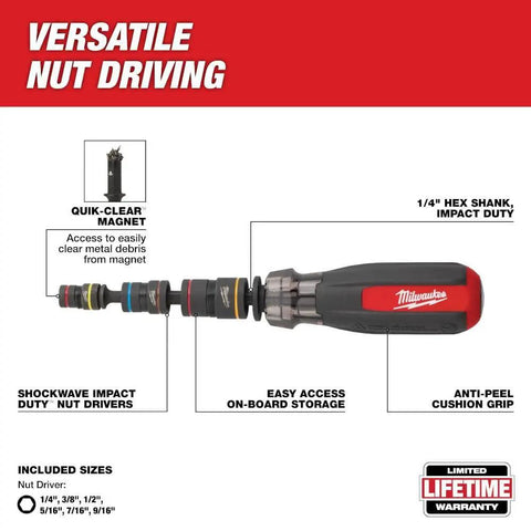 Multi Nut Driver Set With Shockwave Impact Rated One Quarter Inch Hex Shank Six Nut Drivers diagram with features highlighted