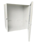 Front view of white CPR Savers AED cabinet, surface-mount with alarm