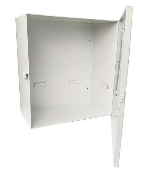 Front view of white CPR Savers AED cabinet, surface-mount with alarm