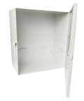 Wall Mount AED Cabinet For Secure Defibrillator Storage Without Alarm Emergency Ready First Aid Gear Box, open white steel cabinet interior.