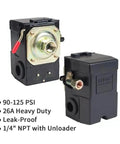 Pro Grade Heavy Duty Air Compressor Pressure Switch 90-125 PSI With Unloader Valve, 26A, One Quarter Inch NPT Single Port