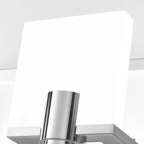 Close-up of 4 Light Sleek Modern Chrome LED Vanity Light Bar For Bathroom Wall Mount with white acrylic shade.
