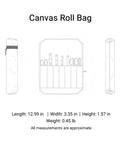 Canvas Knife Roll Bag With Handle For Travel And Camping, Portable Organizer showing open and folded views with dimensions.