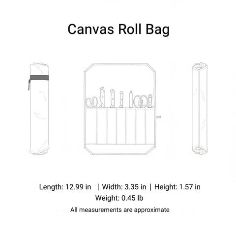Canvas Knife Roll Bag With Handle For Travel And Camping, Portable Organizer showing open and folded views with dimensions.