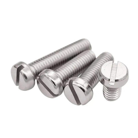 Heavy Duty M2 X 4 millimeter slotted cheese head tapping screws 304 stainless steel pro grade machine fasteners with zero rust for sheet metal and furniture assembly projects pack of 30, showing four screws.