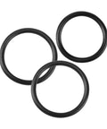 Three black rubber O-ring seals for radiator hose and coolant T-pipe connections