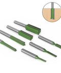 Tough As Nails Seven Piece Tungsten Carbide Router Bit Set With One Quarter Inch Shank Straight Dado Bits, various sizes, sharp for clean woodworking.