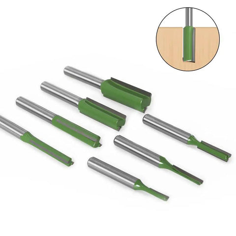 Tough As Nails Seven Piece Tungsten Carbide Router Bit Set With One Quarter Inch Shank Straight Dado Bits, various sizes, sharp for clean woodworking.