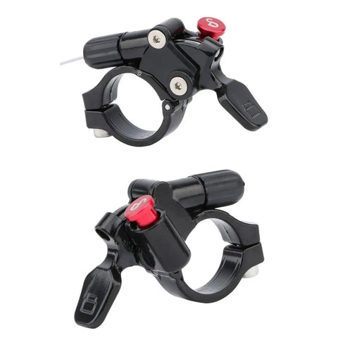 Aluminum Alloy Remote Lockout Lever For Mountain Bike Suspension Fork Front Replacement Part, Easy To Use Remote Release Lever For MTB Front Fork, Durable And Stable Performance showing top and side view of black aluminum lever.
