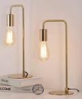 Industrial Edison Table Lamp Set of 2 in Gold Metal Finish, Compact Yet Bright Desk Lamps For Bedside or Study Desk, Shown on Books