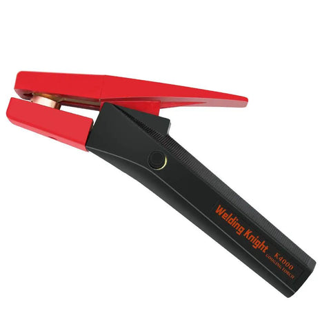 Beefy Heavy Duty 1000 Amp K4000 Carbon Arc Gouging Torch With 7ft Cable And Black Handle, red clamp, side view.