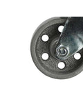 Close-up of a 2 Inch Cast Iron Swivel Plate Caster With Silver Wheel And Heavy Duty Ball Bearing Mount 125 Lb Load Capacity Per Caster Industrial Top Plate Size Two By Two And One Half Inches Two And One Half Inch Clearance Height Designed For Long Wear Life.