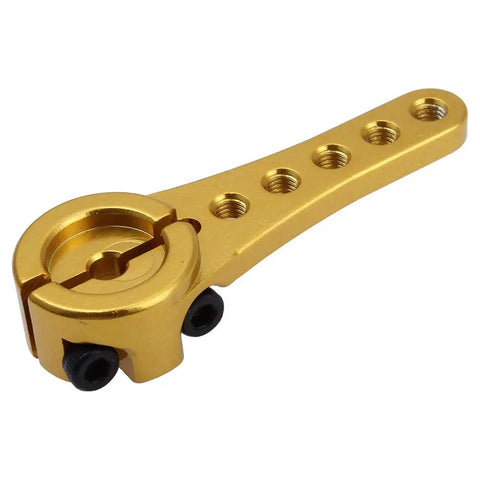 CNC Aluminum 25T Servo Horn Steering Clamping Arm For 1/8 And 1/10 RC Crawlers, gold color, 5 hole spacings, clamping head visible