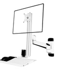 Heavy Duty Wall Monitor Mount Industrial Grade Flex Arm holds a monitor with a sleek keyboard and mouse attached, white finish.