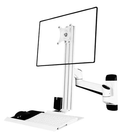 Heavy Duty Wall Monitor Mount Industrial Grade Flex Arm holds a monitor with a sleek keyboard and mouse attached, white finish.