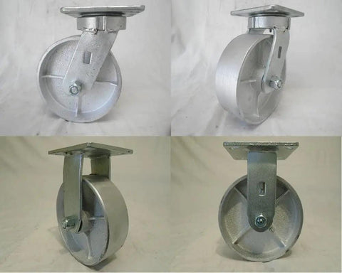 Heavy Duty 6 Inch Swivel Caster Kingpinless Semi Steel Iron Wheel Set showcasing two rigid units and smooth rolling design.