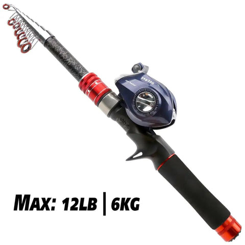 Telescopic Fishing Rod And Reel Combo Set With Carbon Fiber Rod And Stainless Steel Baitcasting Reel; 12lb capacity