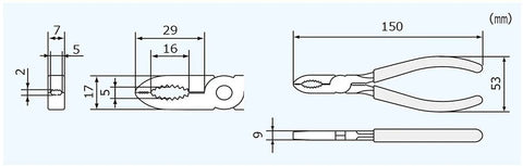 Technical diagram of PZ-55 Screw Removal Pliers 150mm, showing dimensions and vertically serrated carbon steel jaws.