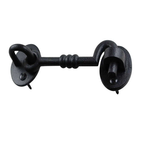5 Inch Wrought Iron Hook And Eye Door Latch With Mounting Hardware, Rust Resistant Black Powder Coat Finish, close-up view
