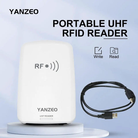 Portable UHF RFID reader with USB cable on display