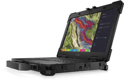 Intel Core I7-1185G7 Refurbished 13.3 Inch Latitude Rugged Laptop angled view showcasing durable design and FHD touch screen.