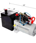 Heavy Duty 12V DC Hydraulic Power Unit With Double Acting Motor And 3 Quart Steel Reservoir, compact design with dimensions.