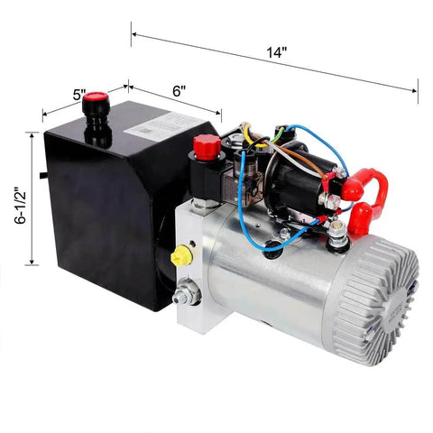 Heavy Duty 12V DC Hydraulic Power Unit With Double Acting Motor And 3 Quart Steel Reservoir, compact design with dimensions.