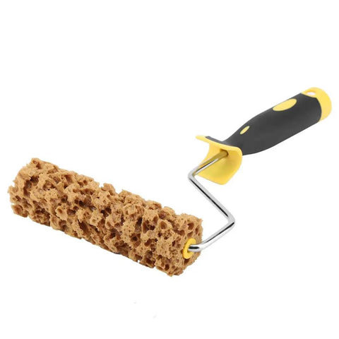 Smooth Operator Texture Paint Roller With Integrated Handle Engineered For Seamless Wall Decorating And Precise Detail Work Yields Butter Smooth Acrylic Coverage Without Drip Or Clump Stress, 12 inch foam roller, brown sponge, black and yellow handle.