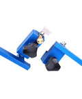 Fence Flip Limit Aluminum T Track Stop With Locking Mechanism for Woodworking and Carpentry, side view, blue metal, black knobs